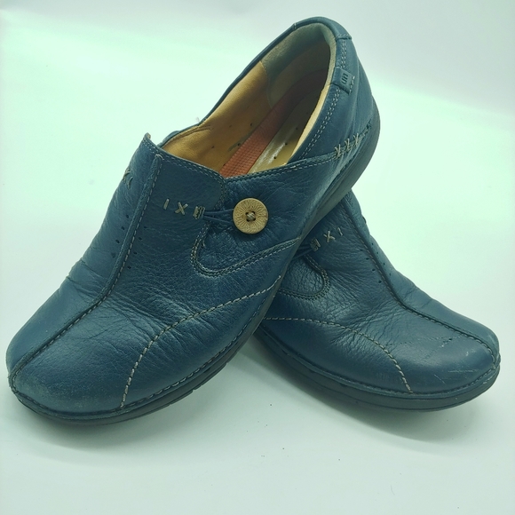 ClarksWomen's Un-Loop Navy Leather Slip On Shoes Unstructured Size 11